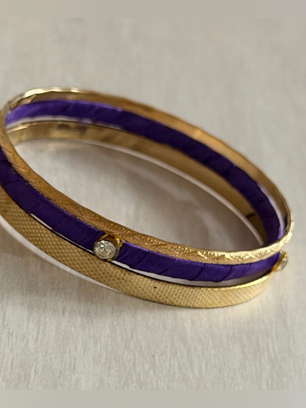 Stacked 3 Gold Purple Satin Wrapped Rhinestone Women's Bangle Bracelets